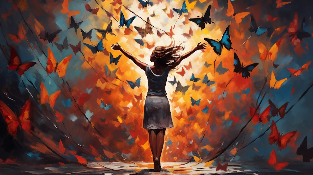 A girl releasing her emotions and watching them fly away like colorful butterflies.