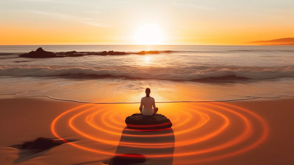 A woman sitting on a rock meditating on a beach, facing the water at sunset while an orange pulse radiates out from her, representing her sacral chakra.