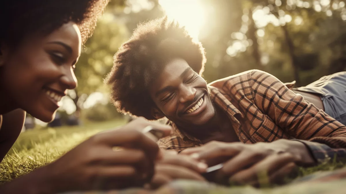A realistic photo of a happy young Afro couple casually dressed lying belly down on the ground in the park. They are smiling and laughing.