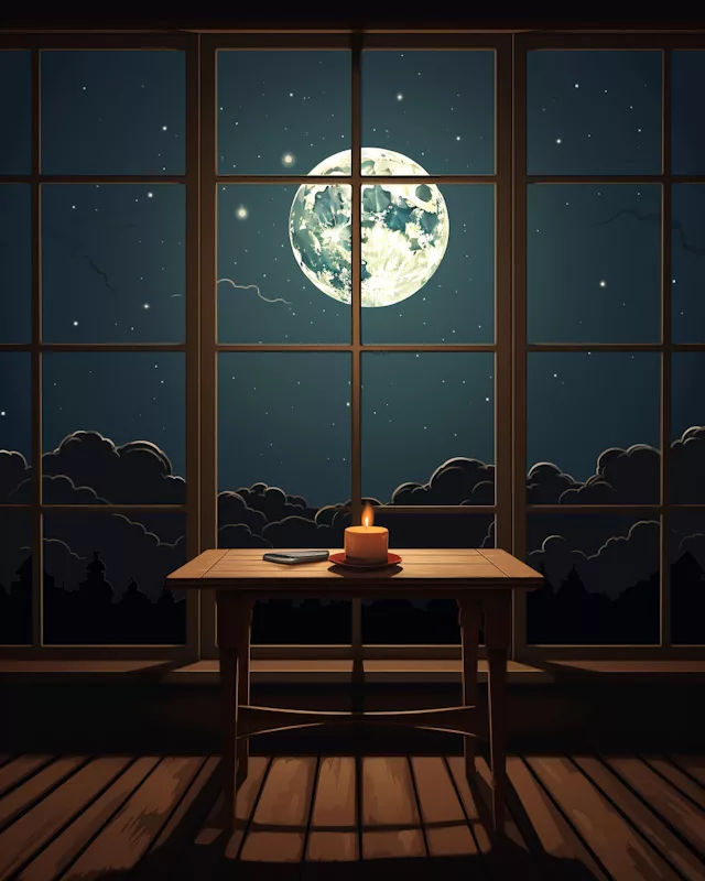 A vector cartoon image of a table sitting in front of a large window at night. There is a large full moon outside the window.