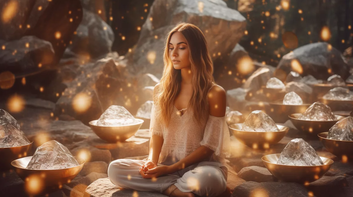 A woman sits meditating in nature surrounded by singing bowls holding large clear quartz crystals.