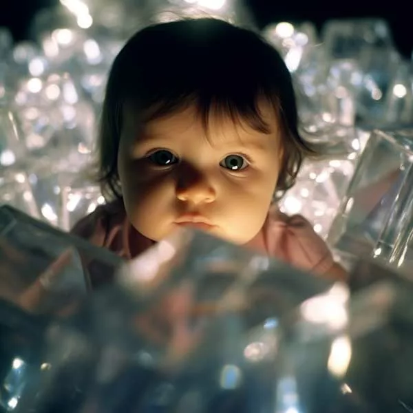 AI generated photograph of a baby looking up from a cocoon of crystals.