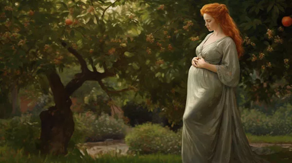 AI illustration of a scene that conveys the beauty of a pregnant red-haired woman, dressed in an elegant robe, as she explores a garden adorned with lush orange trees. Natural elegance, highlighting the woman's grace in the garden.Radiant and bountiful lighting, enhancing the sense of fertility. Rich and fruitful hues, representing the abundance of fruit.
