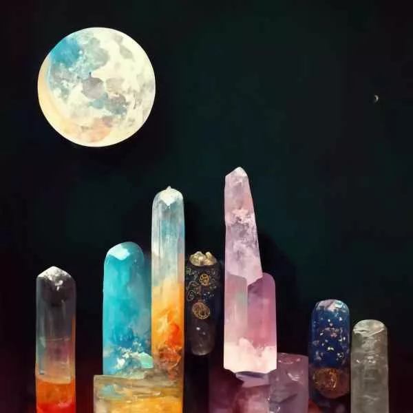 Full moon charging an assortment of crystals.