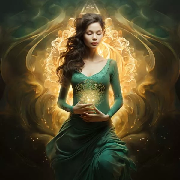 AI generated drawing showing a pregnant woman in a green dress, with glowing fibres radiating from her pregnant belly to her heart.
