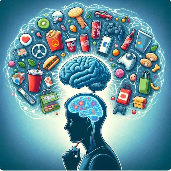 Illustration showing a silhouette with a brain surrounded by icons of junk food, social media, and shopping, symbolizing instant gratification and dopamine release.