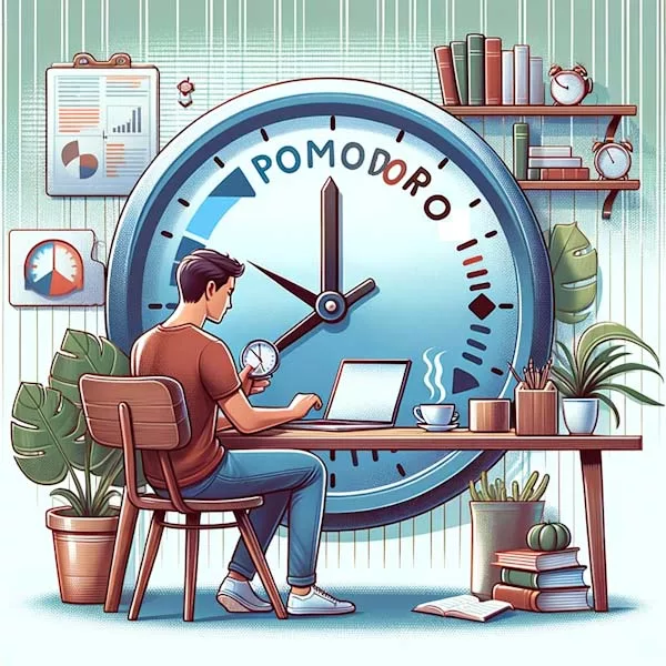 Artistic representation of an individual using the Pomodoro Technique for time management while working at a desk.