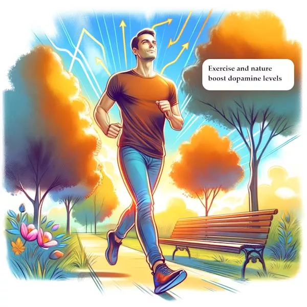 Dynamic illustration of a person running in a park, representing the natural dopamine boost from exercise and nature.