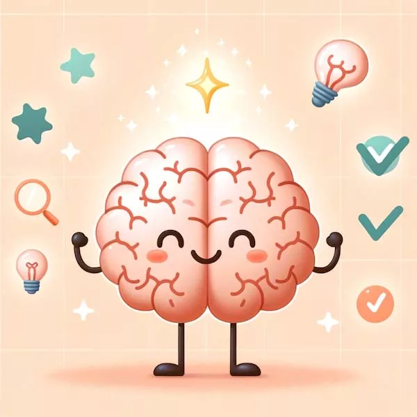 Cartoon of a cheerful brain character with stars and lightbulbs, representing the positive effects of dopamine on motivation and achievement.