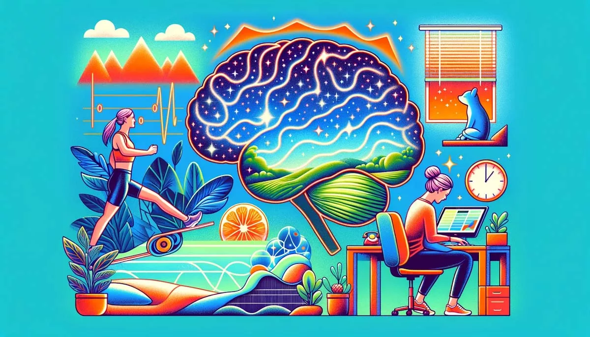 Collage representing dopamine's impact on health, featuring a brain with sparkles, a person exercising in nature, focused work at a desk, and a tranquil bedroom scene.