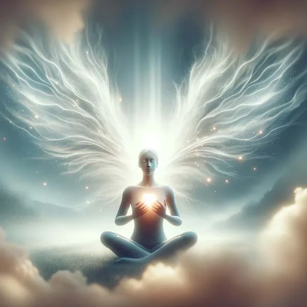 This image represents a calming visualization meditation. It shows a person in a peaceful meditation pose, eyes closed, with their hands gently placed on their heart. From the heart emanates a soft, glowing white light, symbolizing inner peace and safety. The setting is serene, with a background of soft, muted colors, creating a tranquil and soothing environment. This ethereal scene conveys the essence of the meditation practice, focusing on the feeling of safety and peace achieved through the visualization of the white light.