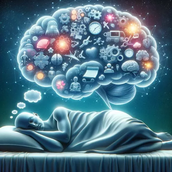A serene image depicting a person sleeping with thought bubbles containing symbols of memory and cognition, illustrating the process of brain processing and memory consolidation during sleep.