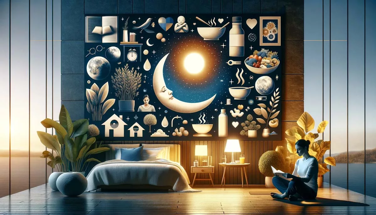 Collage featuring elements of sleep hygiene: a peaceful bedroom with a comfortable bed, a night sky with a crescent moon and stars, a healthy meal on a plate, and a person meditating. Each component symbolizes the holistic impact of good sleep hygiene on health and well-being.