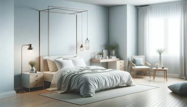 A minimalistic and organized bedroom, free from clutter, creating a peaceful and tranquil sleep environment. The room is tidy and spacious, with simple, soothing decor and neatly arranged furniture, conducive to relaxation and a deep, restful sleep.