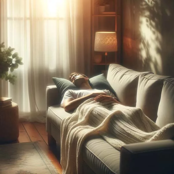 A person rests peacefully during a power nap on a plush couch, covered with a soft knitted blanket in a warmly lit room, exuding a sense of calm and relaxation ideal for a quick rejuvenation.