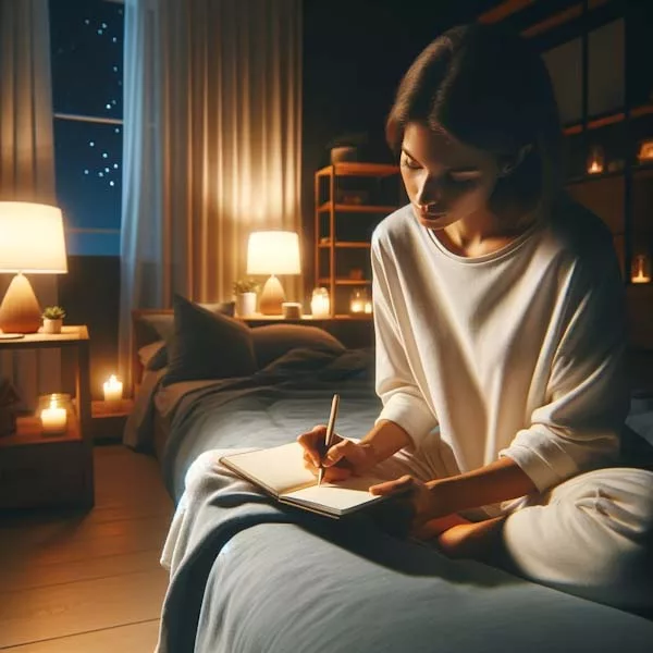 A person seated in a dimly lit, peaceful bedroom, writing thoughtfully in a journal before bedtime. The room features a tidy, minimalistic decor with a focus on tranquility, ideal for winding down.