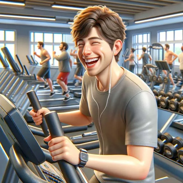 The image shows an average-looking individual actively engaged in a workout at a gym. They are using gym equipment such as a treadmill, weights, or an exercise bike. The person's expression is joyful and satisfied, clearly enjoying the exercise. They are dressed in casual gym wear, appropriate for the activity. The gym setting is typical, with a variety of exercise equipment and a lively atmosphere. This image conveys a positive and uplifting mood, highlighting the enjoyment and satisfaction that can be derived from regular physical activity.