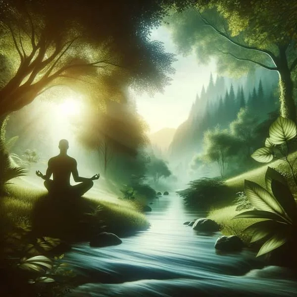 This image portrays a serene and tranquil scene of mindfulness meditation. It features a peaceful natural setting with a person sitting in a meditation pose. The individual appears relaxed and focused, embodying a sense of calm and presence. The environment around them is soothing, complete with elements like a gentle stream, lush greenery, and soft sunlight filtering through the trees. The overall atmosphere of the image conveys tranquility, inner peace, and a deep connection with the present moment, embodying the essence of mindfulness meditation.