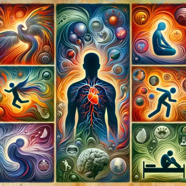 This image offers an abstract and symbolic representation of nervous system dysregulation symptoms, divided into four sections. The first section uses swirling colors and shapes to depict emotional and psychological symptoms, symbolizing intense emotions like fear and confusion. The second section features a silhouette with highlighted areas, representing physical symptoms such as stress, a racing heart, and tense muscles. The third section includes abstract figures that illustrate social symptoms, portraying dynamics of push-pull relationships and social isolation. The fourth and final section uses symbols like a bed and representations of food to indicate behavioral symptoms, specifically sleep disturbances and changes in appetite. The image as a whole conveys the complexity and diversity of the symptoms associated with nervous system dysregulation.