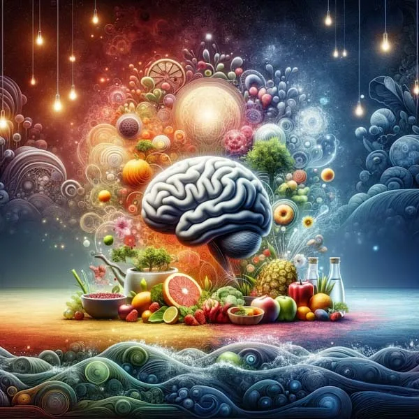 The image is an abstract representation of the concept of nourishing the nervous system. At the center is the imagery of a healthy brain, symbolizing the core of the nervous system. Surrounding the brain are various symbols of nourishment, including fruits, vegetables, and water, suggesting a diet rich in nutrients essential for brain health. Gentle, calming lights and soothing colors envelop the scene, adding to the sense of care and support for the nervous system. Additionally, elements of natural scenery and abstract shapes are interspersed, conveying a feeling of relaxation and well-being. This composition captures the essence of health and rejuvenation, emphasizing the importance of nurturing the nervous system for overall wellness.