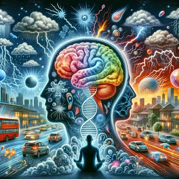 This image is an abstract representation of the causes of nervous system dysregulation, divided into three sections. The first section on the left depicts external stressors, illustrated as chaotic city life with traffic, noise, and bright lights. The middle section represents internal factors, visualized as a transparent human silhouette filled with a DNA helix, symbolizing genetics and internal health conditions. The right section depicts psychological and emotional triggers, illustrated as a human brain surrounded by abstract symbols of stress, like storm clouds or jagged lines, representing emotional turmoil. The overall image conveys a sense of imbalance and complexity in the factors affecting nervous system dysregulation.