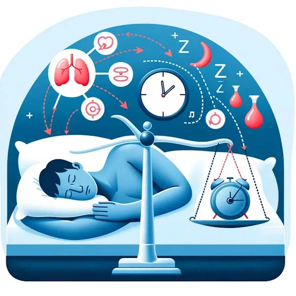 An image showing a sleeping individual with symbolic elements like a balance scale and clock, representing the regulation of metabolism and hormonal balance, essential for maintaining a healthy appetite and weight during sleep.