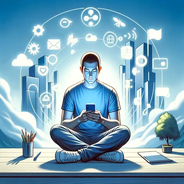 The image depicts an individual practicing mindfulness with their smartphone usage. Rather than being absorbed in the device, the person is shown holding the smartphone with a thoughtful and conscious awareness. They are either sitting or standing in a relaxed posture, their expression calm and contemplative. This stance symbolizes a mindful approach to technology use. The surrounding environment is simple and non-distracting, highlighting the person's focus on being present and mindful about their phone time. The overall scene conveys the idea of digital wellness and the importance of mindful engagement with technology.