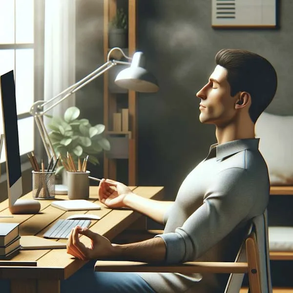 This image depicts a person engaging in deep breathing exercises while seated at their desk. The individual is shown in a relaxed posture, comfortably seated, with their eyes closed and a serene expression. Their hands rest gently either on their lap or the desk, suggesting a moment of tranquility and mindfulness amidst a busy day. The setting includes typical elements of an office or home desk space, such as a computer, some stationery, and a plant, adding a touch of nature to the environment. The overall atmosphere of the image conveys a sense of calm and focus, emphasizing the importance of deep breathing exercises as a method to relax and refocus.