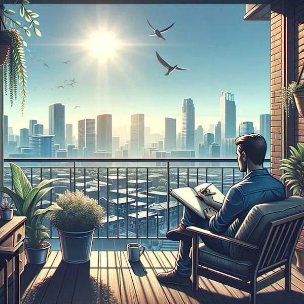 The image portrays a serene moment of a person writing in a gratitude journal while seated on a balcony. The individual is comfortably seated, pen in hand, deeply immersed in writing. The balcony setting is cozy and welcoming, adorned with a few potted plants and a comfortable chair, creating a tranquil space for reflection. In the background, the sweeping view of the city skyline is visible, featuring buildings of various sizes and shapes under a clear sky. The contrast between the peaceful balcony and the vibrant city life in the distance emphasizes a personal moment of gratitude and contemplation.