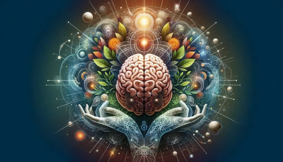 This image artistically represents the concept of regulating the nervous system. It features a harmonious blend of natural and scientific imagery, central to which is a depiction of the brain. The brain is intricately intertwined with calming natural elements like leaves, water, or beams of light, symbolizing the balance between nature and neuroscience in achieving a well-regulated nervous system. The background comprises a mix of organic and geometric shapes, emphasizing the integration of natural methods and scientific understanding in managing the nervous system. The overall image evokes a sense of harmony, balance, and the effective management of the nervous system, combining both holistic and scientific approaches.
