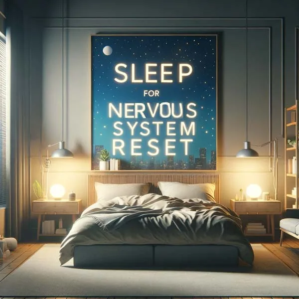 The image portrays a tranquil and inviting bedroom setting, designed to promote good sleep hygiene for a nervous system reset. Central to the scene is a comfortable bed with clean, soft bedding, set in a dimly lit room that radiates soothing and restful vibes. The room is minimally decorated, ensuring a distraction-free environment for sleep. Calming elements like a gentle night light and a small plant add a touch of serenity. A window in the room offers a view of a serene night-time landscape, further enhancing the peaceful atmosphere. The overall decor is simple yet comforting, emphasizing a tranquil and restful environment essential for rejuvenating sleep and nervous system health.