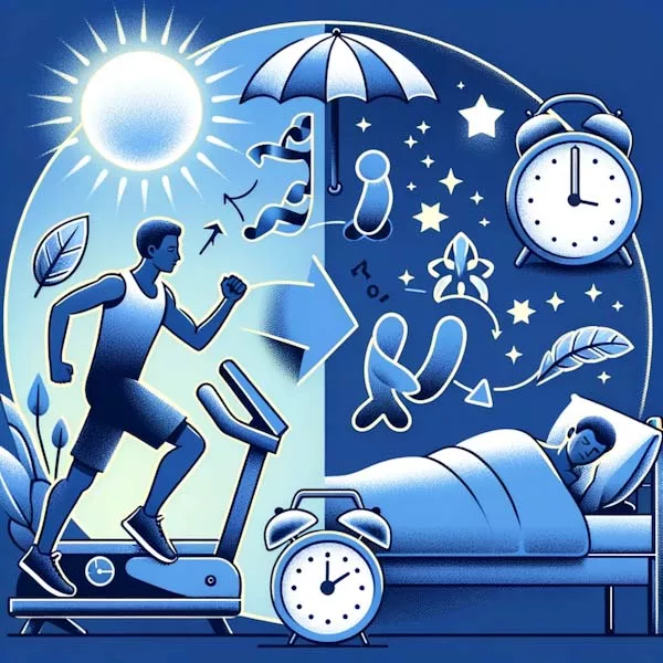 A dual-scene image depicting a person engaging in daytime aerobic exercise under the sun, next to a clock symbolizing ideal exercise timing, and transitioning to a restful sleep at night, illustrating how exercise enhances sleep quality and depth.