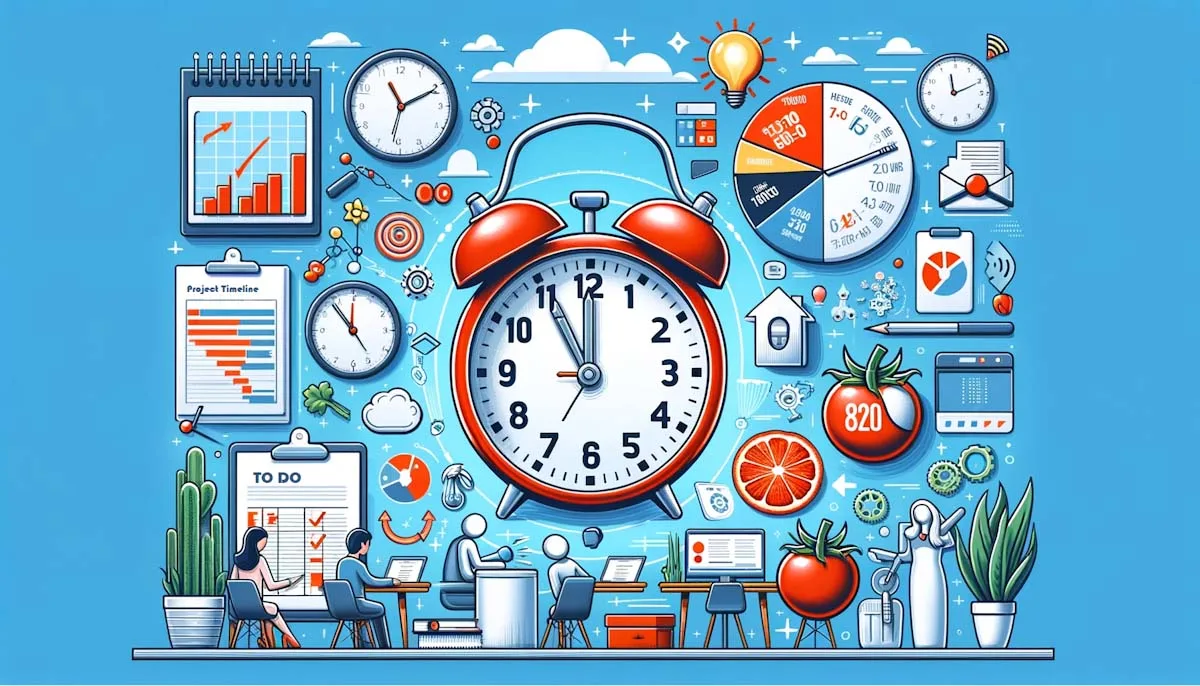 The image features a collage representing various time management and productivity strategies. There's a ticking clock, symbolizing the importance of time. There is a tomato-shaped Pomodoro timer, representing the Pomodoro Technique of focused work intervals. A pie chart illustrates the 80/20 rule of the Pareto Principle, A depiction of a virtual meeting portrays the concept of virtual co-working.