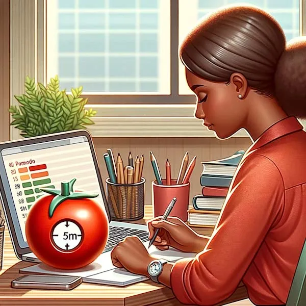 The image shows a brown-skinned woman effectively utilizing the Pomodoro Technique during her work. She is seated at a well-organized desk, deeply focused on her task, with a distinctive tomato-shaped Pomodoro timer prominently placed beside her. The workspace is tidy and indicative of a productive environment. Her engaged demeanor and the presence of the Pomodoro timer underscore the method's role in enhancing concentration and time management. The overall scene radiates a sense of disciplined, structured work, highlighting the practical application of the Pomodoro Technique in a modern work setting.