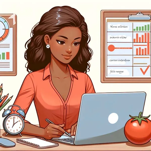 The image depicts a brown-skinned woman at a well-organized workspace, demonstrating efficient use of combined time management strategies. She is surrounded by tools symbolizing Parkinson's Law (a visible clock or timer), the Pomodoro Technique (a tomato-shaped timer), and the Pareto Principle (a chart or list). Her focused demeanor reflects her effective application of these productivity methods. The scene encapsulates a harmonious blend of these techniques, showcasing how they collectively contribute to her work efficiency and focus.