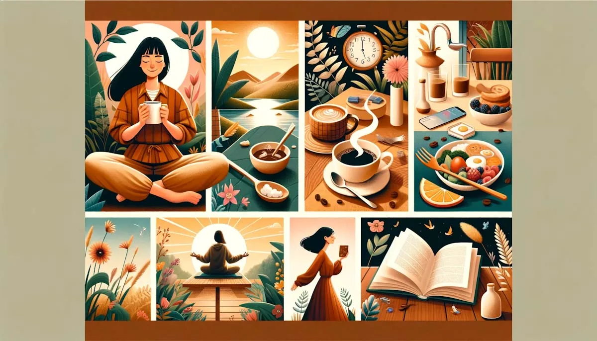 A digital art collage featuring a cute brunette American woman engaging in various morning routines. The collage is divided into separate scenes, each depicting a different activity (drinking tea, outdoor peaceful scenery, a healthy breakfast, meditation, taking a walk, reading). The overall atmosphere is warm and tranquil, with each scene distinct yet harmoniously integrated into a cohesive morning routine.