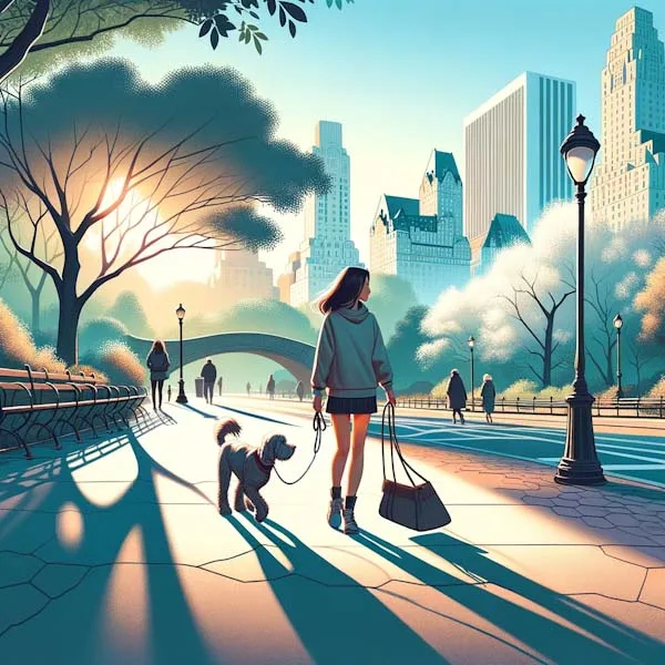 A digital illustration of a woman walking her dog in Central Park in the morning. The woman is depicted in a realistic style, with casual attire suitable for a morning stroll. The park around her is full of life, with lush green trees, a clear sky, and the city skyline in the background. The soft morning light casts gentle shadows, creating a peaceful and refreshing atmosphere. She walks confidently on the park path, holding the leash of her happy, trotting dog, as they enjoy the tranquility of the early hours in the urban oasis.