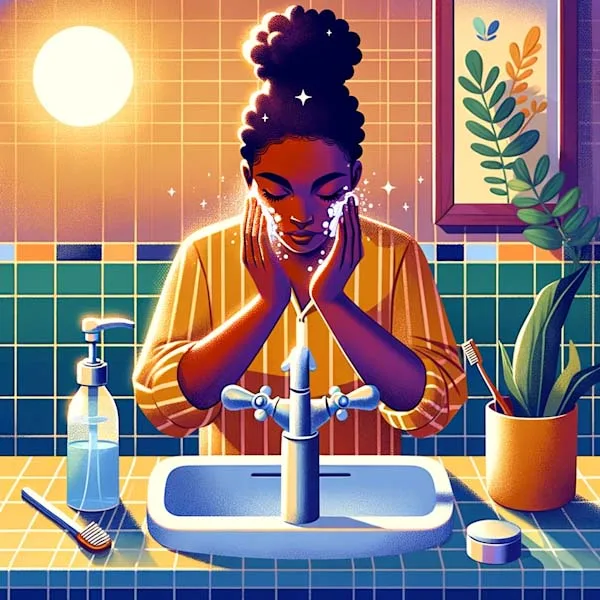 A digital illustration in a vibrant and modern style featuring a brown-skinned woman washing her face at a bathroom sink. The image is rich in color with smooth shading and detailed textures, embodying a stylized realism. Sunlight streams through a window, casting a warm glow on the scene. The woman, with her hair up, is depicted with sparkling water on her hands and face, capturing the refreshing essence of her morning routine. The bathroom is rendered with teal tiles, a potted plant, and everyday toiletries.