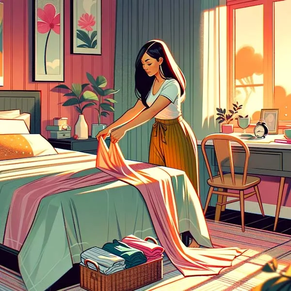 In a brightly colored and stylized modern bedroom, an Asian American woman is depicted arranging her bedsheets as part of her morning routine. The sunlight filters through the window, casting a warm glow and creating a soft shadow on the floor. She is dressed in a comfortable white top and long, flowy pants, with her long black hair draped over her shoulders. The room is filled with decorative elements that complement the vibrant aesthetic of the illustration, including a basket of neatly folded linens, plants adding a touch of greenery, and artwork on the walls, all rendered with rich colors, smooth shading, and fine textures.