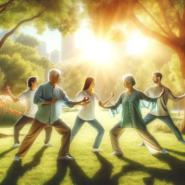 The image depicts a group of five people of various ages and ethnicities, all in harmonious synchronization while practicing tai chi in a sunny park. They are positioned in a unified tai chi stance, demonstrating perfect harmony and balance in their movements. The park setting is idyllic, with lush green grass, diverse trees, and vibrant flowers under the warm glow of sunlight. In the background, there's a soft-focus view of either a city skyline or natural scenery, adding to the peaceful atmosphere. This scene conveys the essence of community, health, and serenity found in tai chi practice, highlighting the beauty of coordinated movement in a serene outdoor setting.