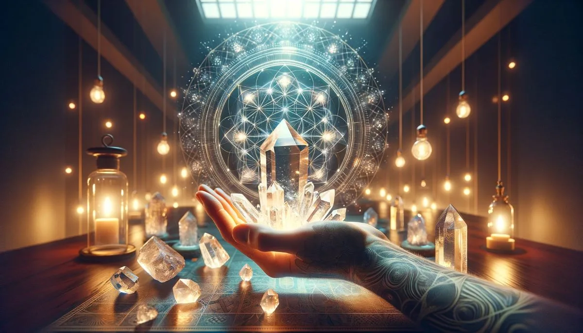 A feature image for the article 'How Do Crystals Work?' showcasing the molecular structures and energy of crystals. The visual metaphor includes patterns of light and shadow, reflecting the crystalline structure's highly ordered, symmetric repeating pattern. The crystals emit a stable energy frequency, symbolized by their balanced charge and powerful potential. The setting is designed to represent the scientific and metaphysical aspects of crystals, highlighting their harmony, stability, and the role they play in promoting well-being and spiritual balance.