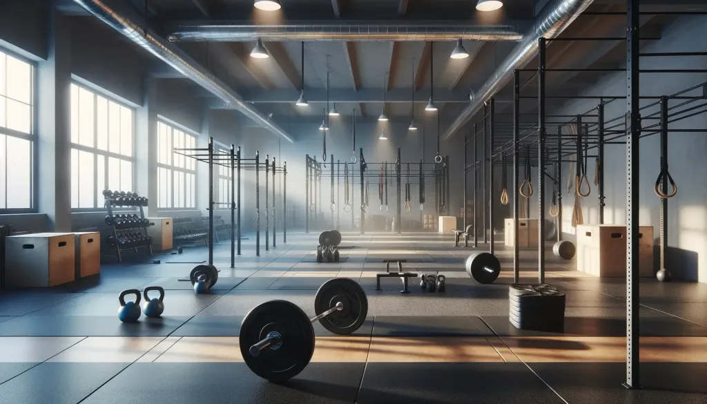 An empty CrossFit gym in the early morning light, featuring an array of neatly arranged fitness equipment including barbells, kettlebells, rowing machines, and jump ropes, highlighting a serene and potential-filled atmosphere absent of people.