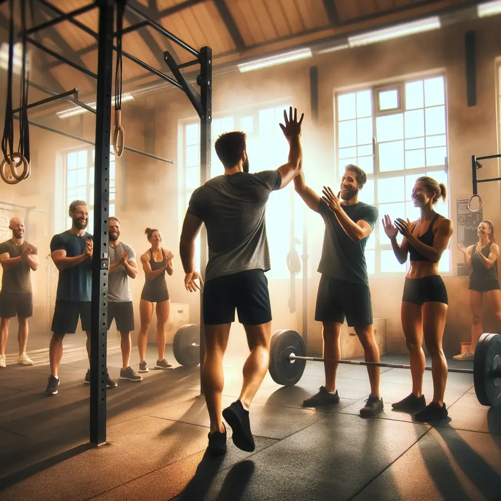 An image depicting a vibrant CrossFit gym atmosphere where one person is finishing their Workout of the Day (WOD) amidst cheers and encouragement from fellow gym members.