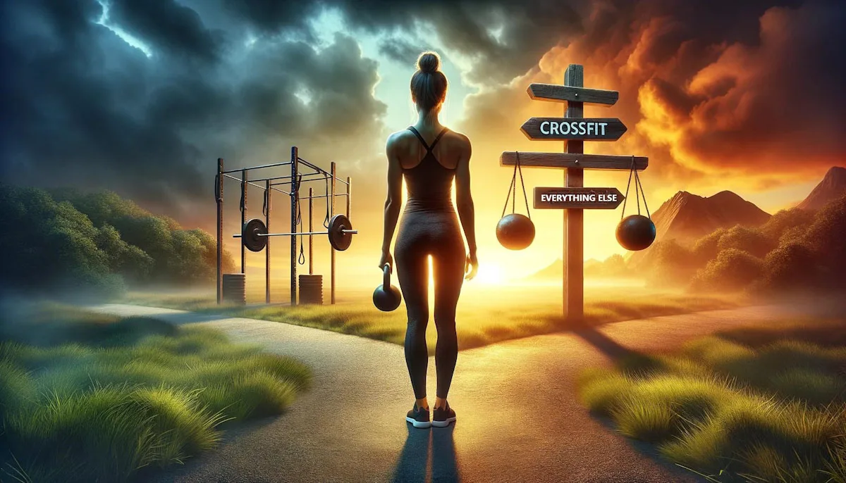 A woman stands at a metaphorical crossroads during dawn or dusk, symbolizing a crucial decision point in her fitness journey. One path leads to a traditional gym, indicative of her CrossFit routine, while the other diverges towards a holistic, nature-focused approach to health. She is caught in a moment of deep contemplation, reflecting on her options against the backdrop of a transitioning sky.