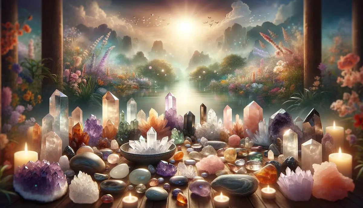 A serene composition featuring an array of healing crystals, including amethyst, rose quartz, and black tourmaline, set against a tranquil backdrop of nature elements like plants and water. The soft, warm lighting enhances the peaceful atmosphere, inviting a sense of reflection and growth in addiction recovery.